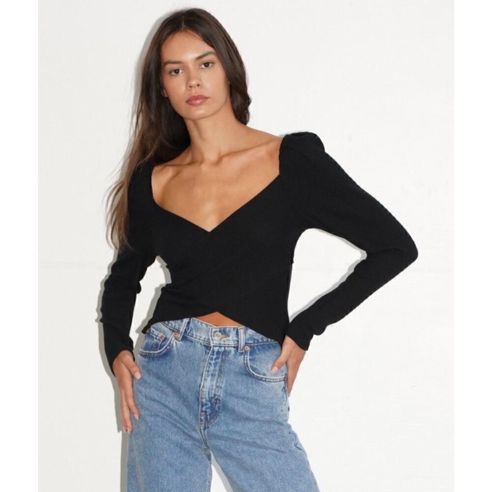 LNA Una Top Black Tencel Blend Ribbed Long Sleeve Wide Neck Cropped Top Size M
